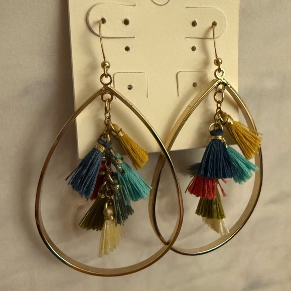 Ethel & Myrtle Gold Teardrop Dangle Earrings with Multicolor Tassels, 3” Drop - Picture 9 of 12